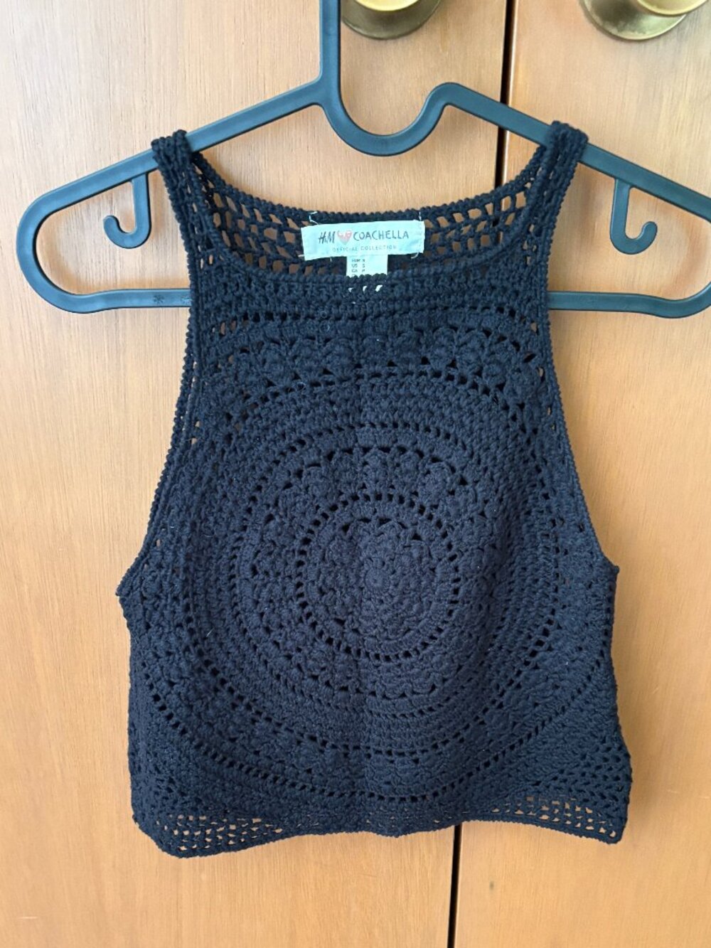 H&M Coachella Black Crochet High Neck Halter Crop Top S Boho Festival